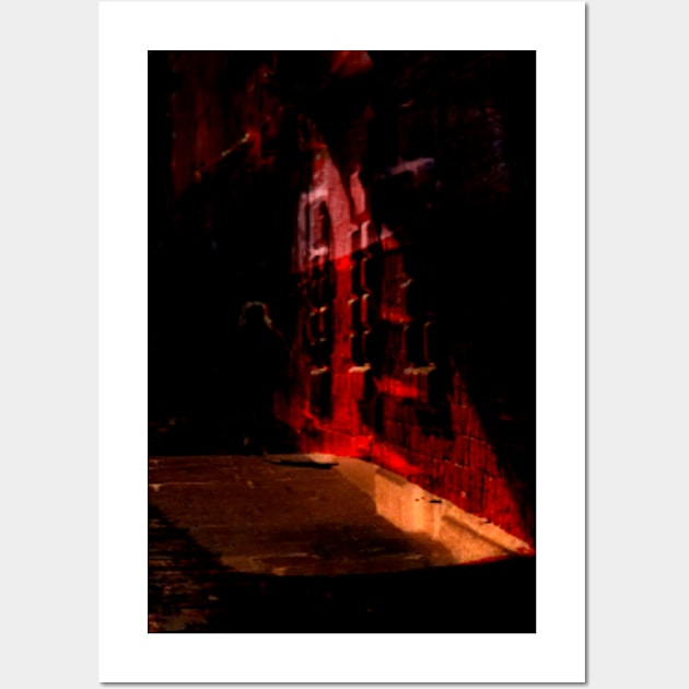 Special processing. Person walking at night, on dark street, with stone walls. Bright Red. Wall Art by 234TeeUser234